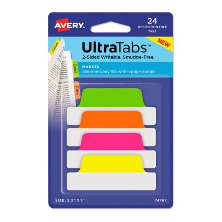 Avery Dennison Avery Ultra Tabs Repositionable Tabs, 2-1/2in x 1in, Neon: Green, Orange, Pink, Yellow, 24/Pack 74767